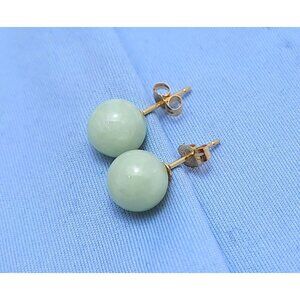 Beautiful 14K Karat Solid Yellow Gold Designer Jade Jadeite Round Stud Earrings